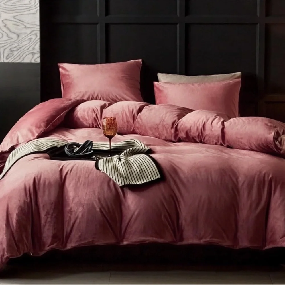 🆕 Pink Velvet Duvet Set Queen Pillow Shams Soft Cozy Warm Luxury Bedding Hotel